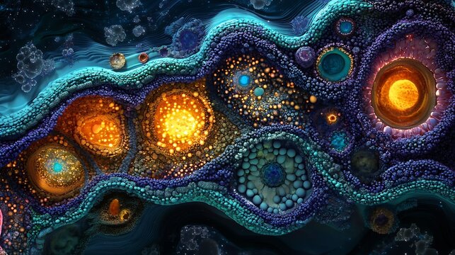 Surreal cellular landscape glowing mitochondria and intricate cytoskeleton illustration of cellular biology