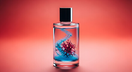 Personalized genetic fragrance, cylindrical glass bottle with swirling liquid and embedded bio-structure on coral red surface
