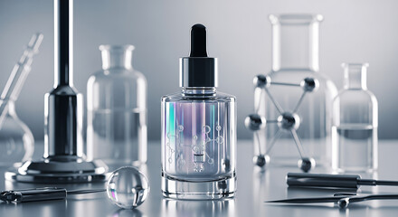 Tailored perfume design, dropper bottle with iridescent liquid and molecular motif on lab-inspired setting
