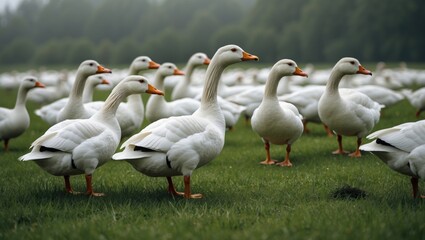 A small herd of white geese graze in a green meadow. Life and its feathered inhabitants. Beautiful white geese with an orange beak nibble the grass.
