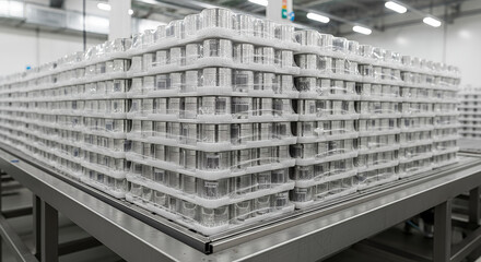 Industrial packaging facility, stack of finished canned goods packed in trays, shrink-wrapped on metal platform in bright space