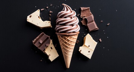 Chocolate Ice Cream with broken wooden stick scrap on black background, with empty copy space for text.