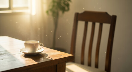 Subtle first glance, coffee cup on table with empty chair opposite in gentle morning light and soft background blur