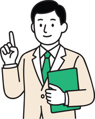 Man in suit pointing up, holding green folder, isolated on white background