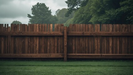 Brown Timber Wooden Fence on a Green Lawn Background with Empty Copy Space for Text
