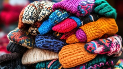 Colorful knitted winter accessories in a vibrant pile.