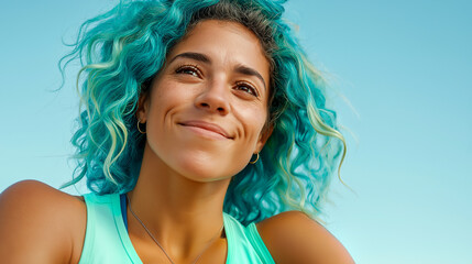 Summer Joy and Outdoor Sports: Person with Colorful Blue Hair in Gym Outfit Under Blue Sky. Unity, Movement, Happiness, Health, and Active Lifestyle