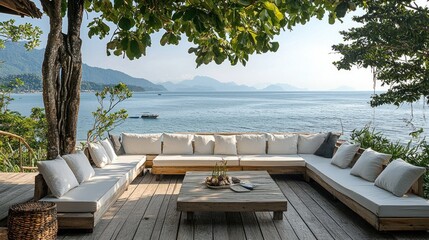 Obraz premium Coastal outdoor seating area with ocean view