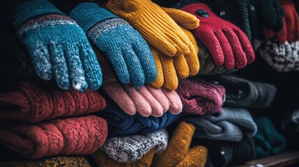 Colorful winter gloves and sweaters displayed on a wooden shelf.