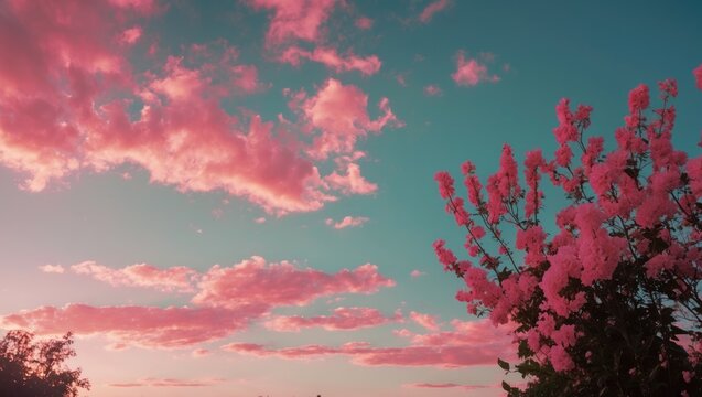 Fototapeta Pink sky with evening sunlight and empty copy space for text