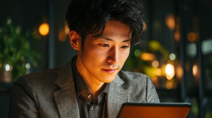 集中している日本のオフィスワーカーがタブレットで仮想会議を行っています。