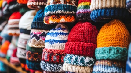 Colorful knitted hats stacked in a display.