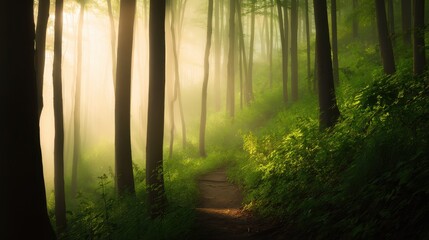Obraz premium Serene forest path illuminated by soft morning light with mist and lush greenery surrounding