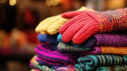 Colorful knitted winter garments stacked high.