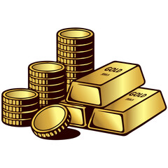 gold bars and coins vector illustration, gold,coins,golden vector isolated on white background