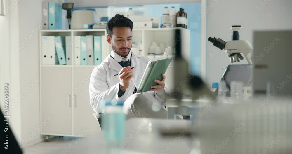 Poster man, scientist and tablet for research in lab for chemistry, medical study and healthcare results. p