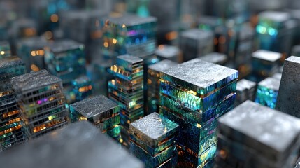Obraz premium Intricate Grid Formation of 25 Chrome-Plated Mineral Fragments with Shifting Iridescent Surfaces Inspiring Modern Art and Design Innovation