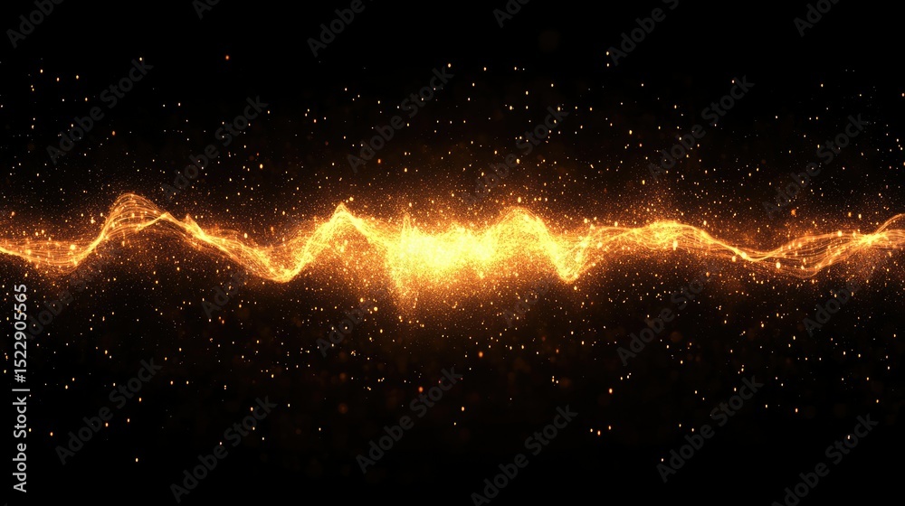 Fototapete d waveform made of glowing particles, suspended in dark space with ambient lighting and depth effect