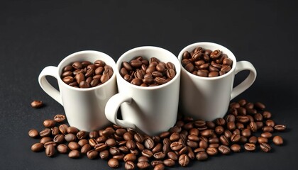 Obraz premium Three white coffee cups overflowing with roasted coffee beans on dark background, still life, drink