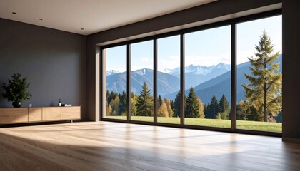 Fototapeta premium Modern Minimalist Living Room with Panoramic Mountain View