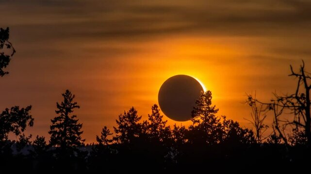 Solar Eclipse Over a Forest Silhouetted Against a Fiery Sky, a Celestial Phenomenon