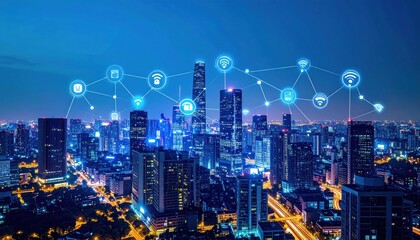 Cityscape with glowing network icons, connecting across skyscrapers under a vibrant blue sky.