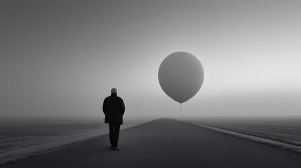 Obraz premium A solitary figure walks along a misty shoreline, a balloon drifting in the distance.