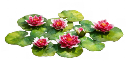 Five vibrant pink water lilies gracefully float atop lush green lily pads, creating a serene and beautiful aquatic scene against a transparent background, perfect for design projects