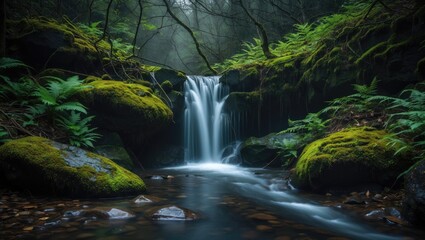 A long-exposure image depicting a small waterfall surrounded by moss-covered rocks and ferns.