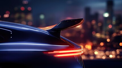 Artistic side profile of a car's trunk with a raised spoiler wing, backlit by city lights in an urban nighttime environment