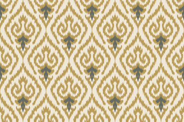 Seamless ikat pattern with traditional green and gold ethnic motifs on a cream background, ideal for textile design, wallpaper, boho decor, fashion prints, wrapping, and vintage crafts.