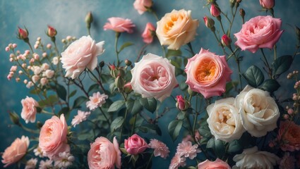 Beautiful Summer Flowers as Background with Blossoming Delicate Roses on Blooming Flowers, Pastel and Soft Bouquet Floral Card with Empty Copy Space for Text