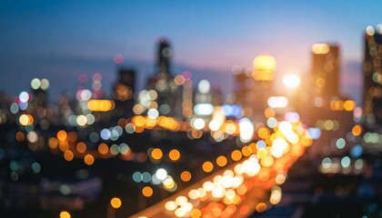 A blurred cityscape at twilight, showcasing a vibrant tapestry of warm and cool-toned bokeh lights from buildings and vehicles, creating a dreamy, atmospheric scene of urban life at