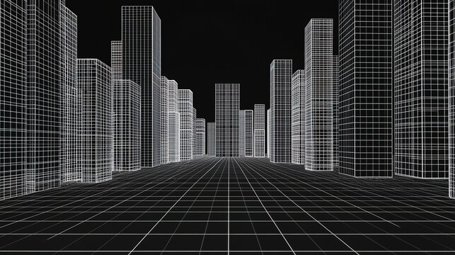 A digital wireframe of a cityscape with skyscrapers and streets, rendered in a grid style on a black background.