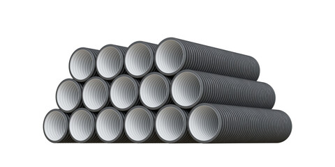 Stack of black double-layer plastic sewer pipes isolated on transparent background. 3d illustration