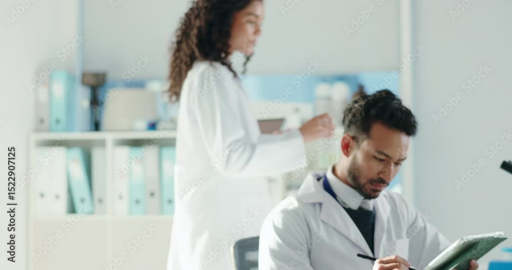 Poster microscope, tablet and team of scientists in laboratory for medical research on dna innovation. tech