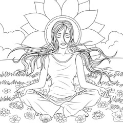 Vector illustration, girl meditating in nature