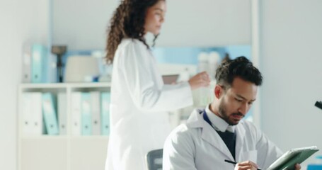 Microscope, tablet and team of scientists in laboratory for medical research on DNA innovation. Technology, people and biologists with science discovery, project or analysis for RNA development. - Powered by Adobe