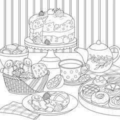 Vector illustration, table with a large assortment of confectionery products