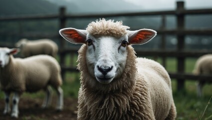 Fototapeta premium A vertical shot of an adorable sheep looking at the camera at the farm.