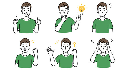 Caucasian male adult displays six facial expressions: thumbs up, thinking, surprised, waving, confused, worried vector illustration