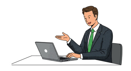 Animated young caucasian male professional gesturing while working on laptop vector illustration