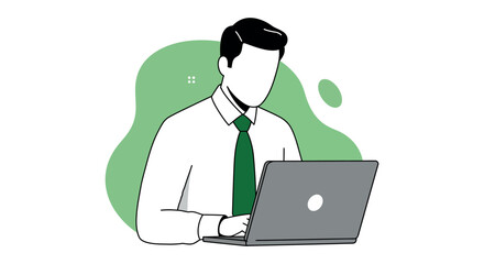 Caucasian male adult working on laptop in office setting with green abstract background vector illustration