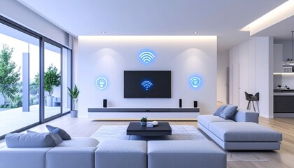 Modern living room with TV, sofa, and large windows; glowing wifi symbols above screen