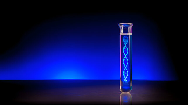Tubo de ensayo con cadena de ADN brillante, concepto de biotecnolog&iacute;a, gen&eacute;tica y ciencia molecular en formato horizontal 16:9