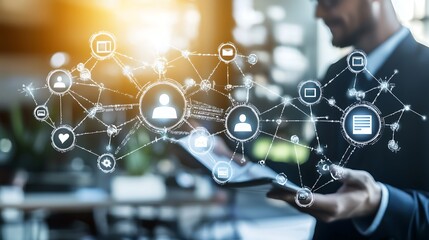 High-tech businessman analyzing floating social media connections in office environment