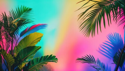 Tropical and palm leaves in vibrant bold gradient colors. Concept art. Minimal surrealism summer background with empty copy space for text