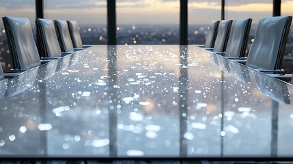 High-tech financial meeting with professionals urban skyline corporate environment boardroom view innovative strategies