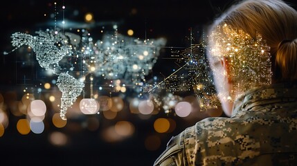 High-tech military control center showcasing holographic technology strategic operations room urban environment close-up viewpoint