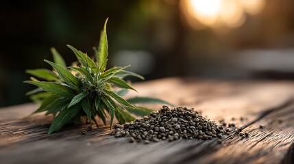 Fototapeta premium Hemp seeds and a hemp plant on a wooden surface.